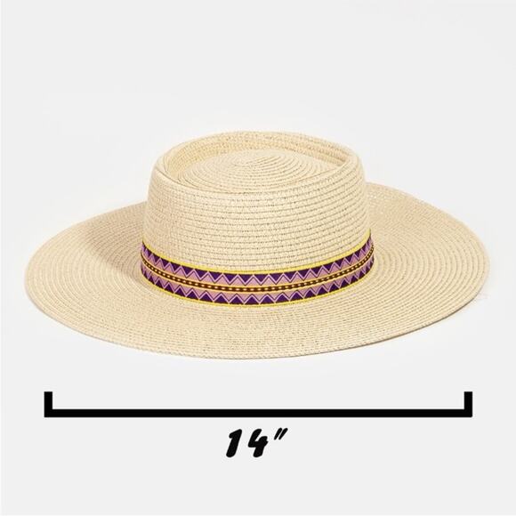 NEW ANTHROPOLOGIE Cream Tan Straw Wide Brim Floppy Purple Print Ribbon Sun Hat main image 8